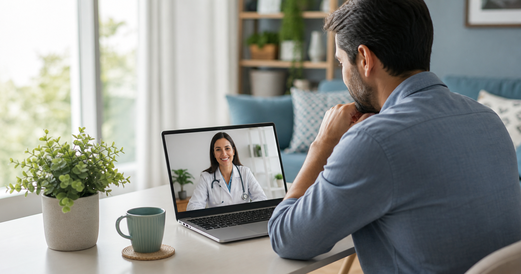 Pessoa em casa usando telemedicina por videochamada
